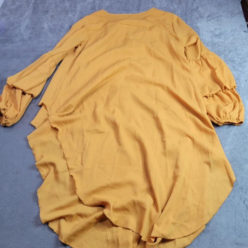 PRETTYGARDEN Tunic Blouse Women L Mustard Yellow High Low Tiered Ruffle Boho Top